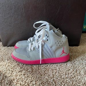 2015 Kids Light Gray and Pink High Top Nike Jordan’s